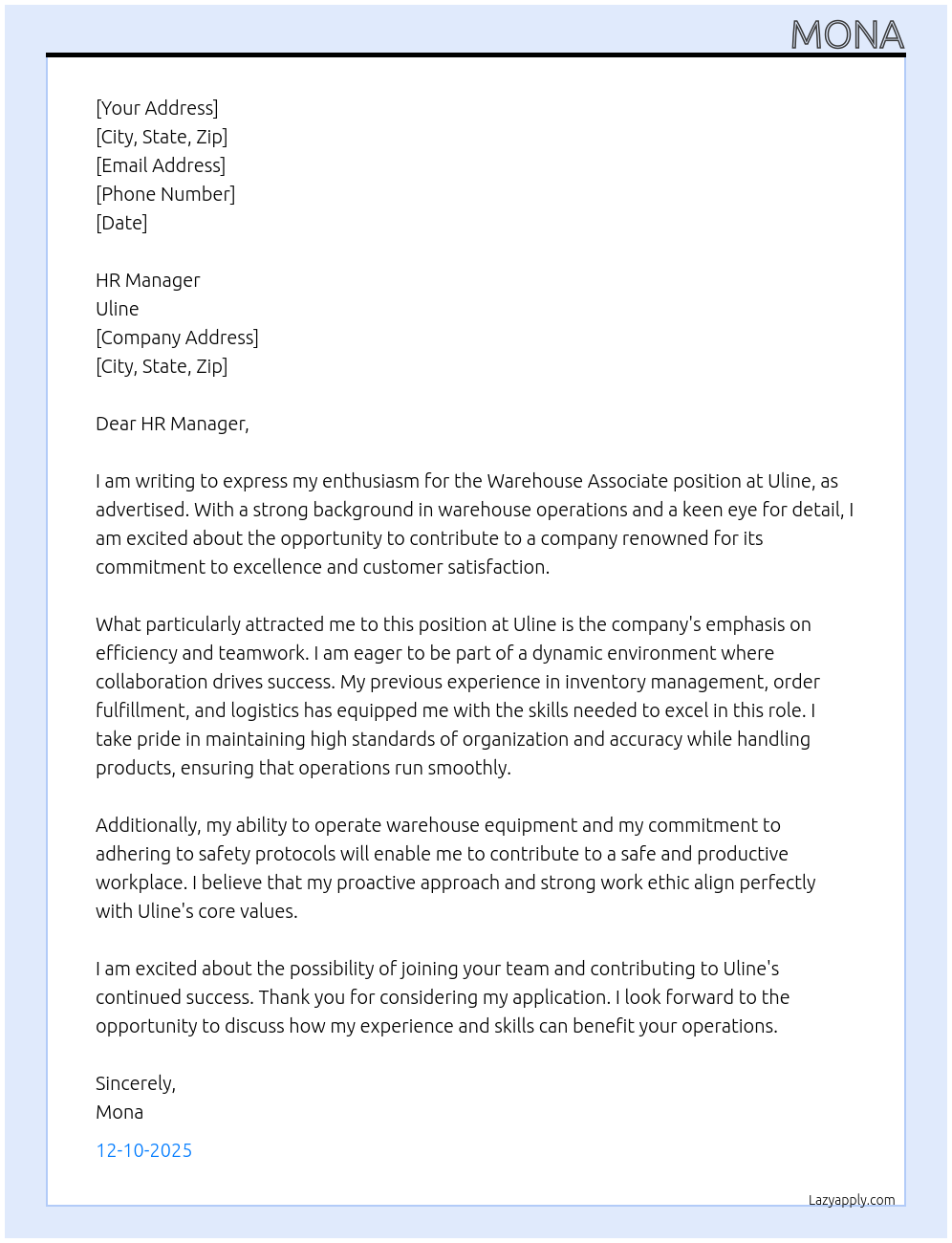  warehosue associate At uline Cover Letter