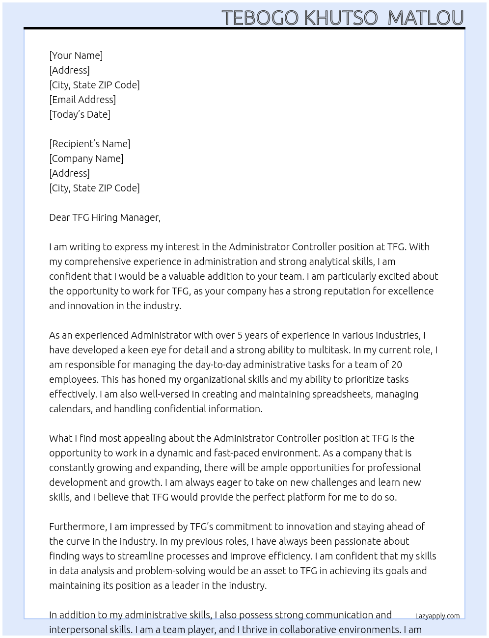 Cover letter for administrator controller - LazyApply