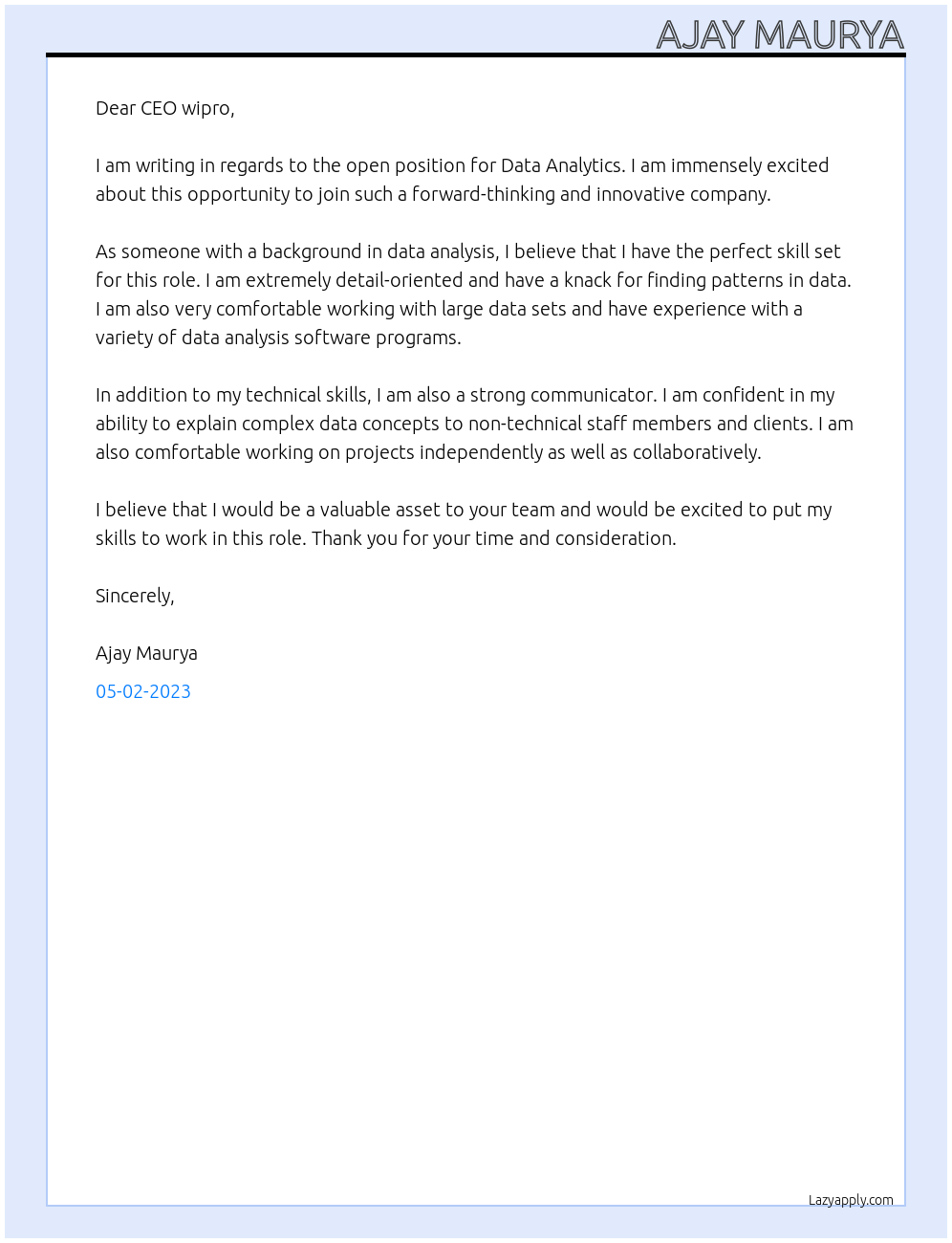 Data Analytics At wipro Cover Letter