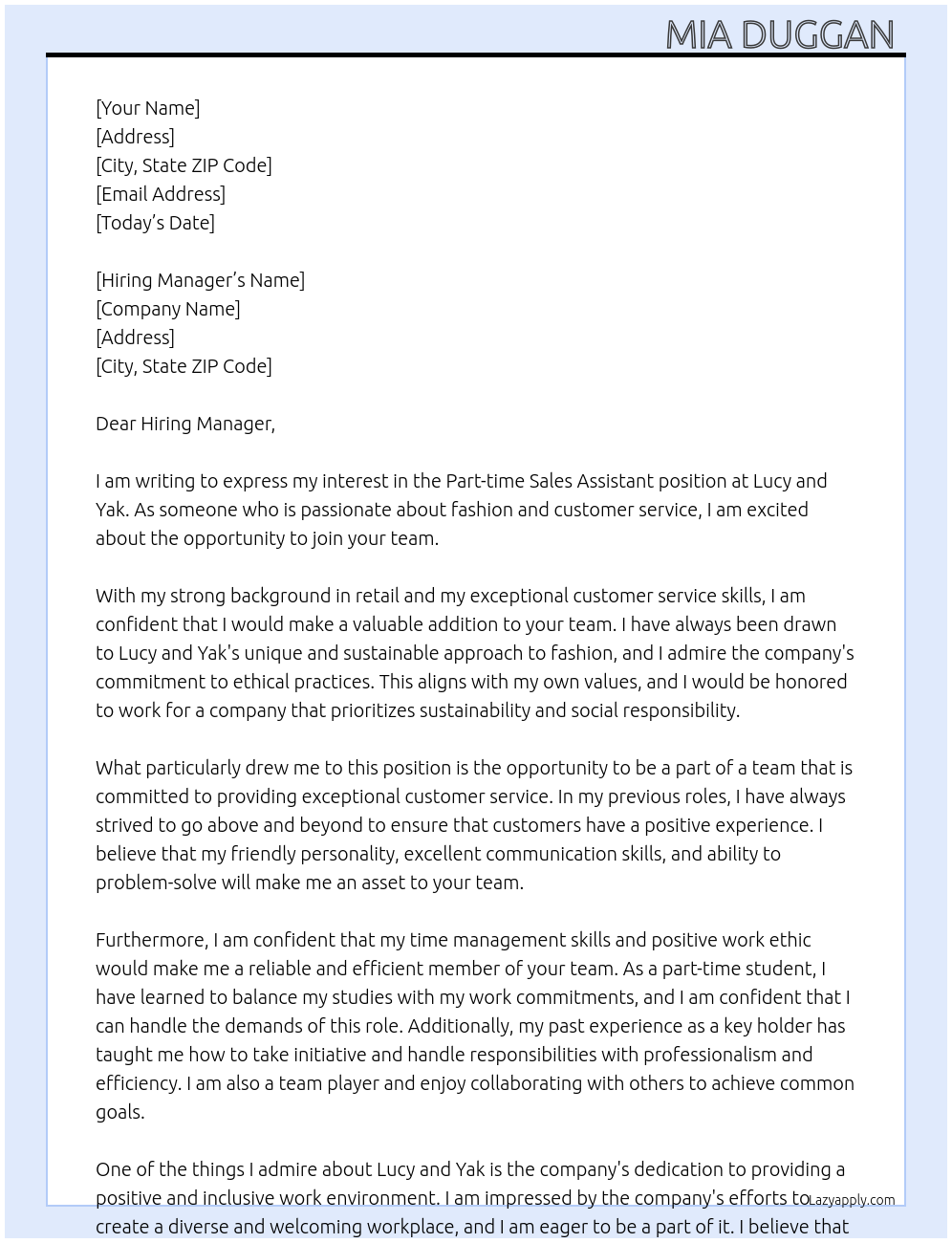 Part time sales assistant At Lucy and yak Cover Letter