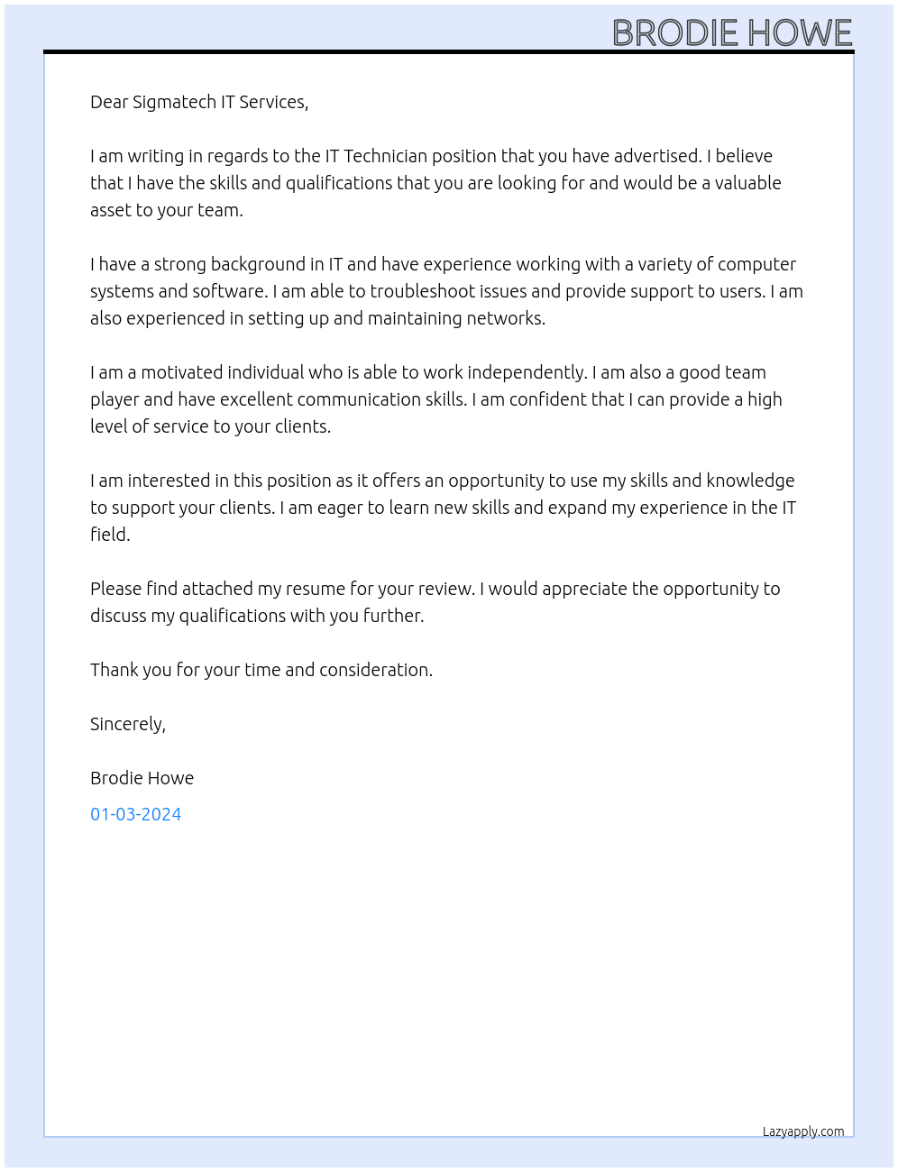 IT Technician At Sigmatech IT Services Cover Letter