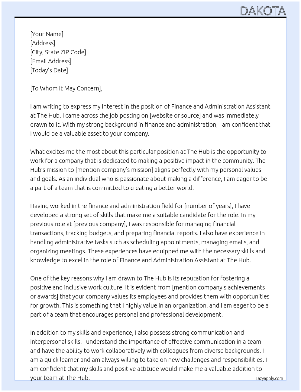 finance and administration assistant At The Hub Cover Letter