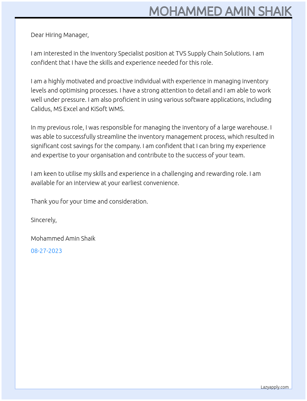 Inventory Specialist At TVS Supply Chain Solutions Cover Letter