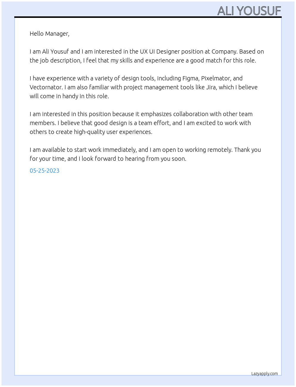 Cover letter for ux ui designer - LazyApply