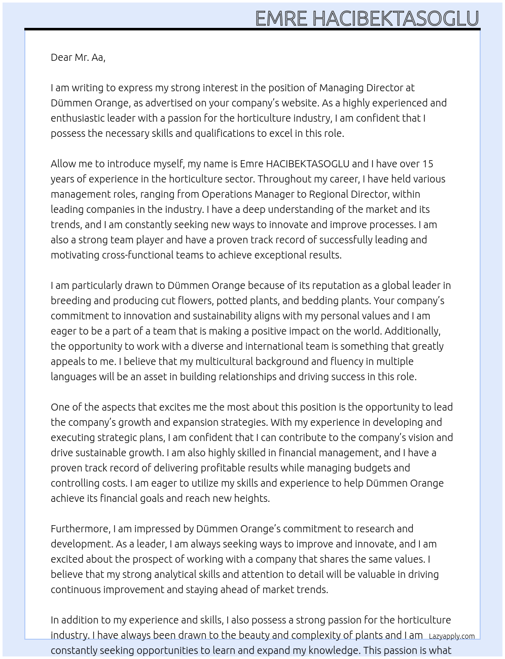 Managing Director At Dümmen Orange Cover Letter