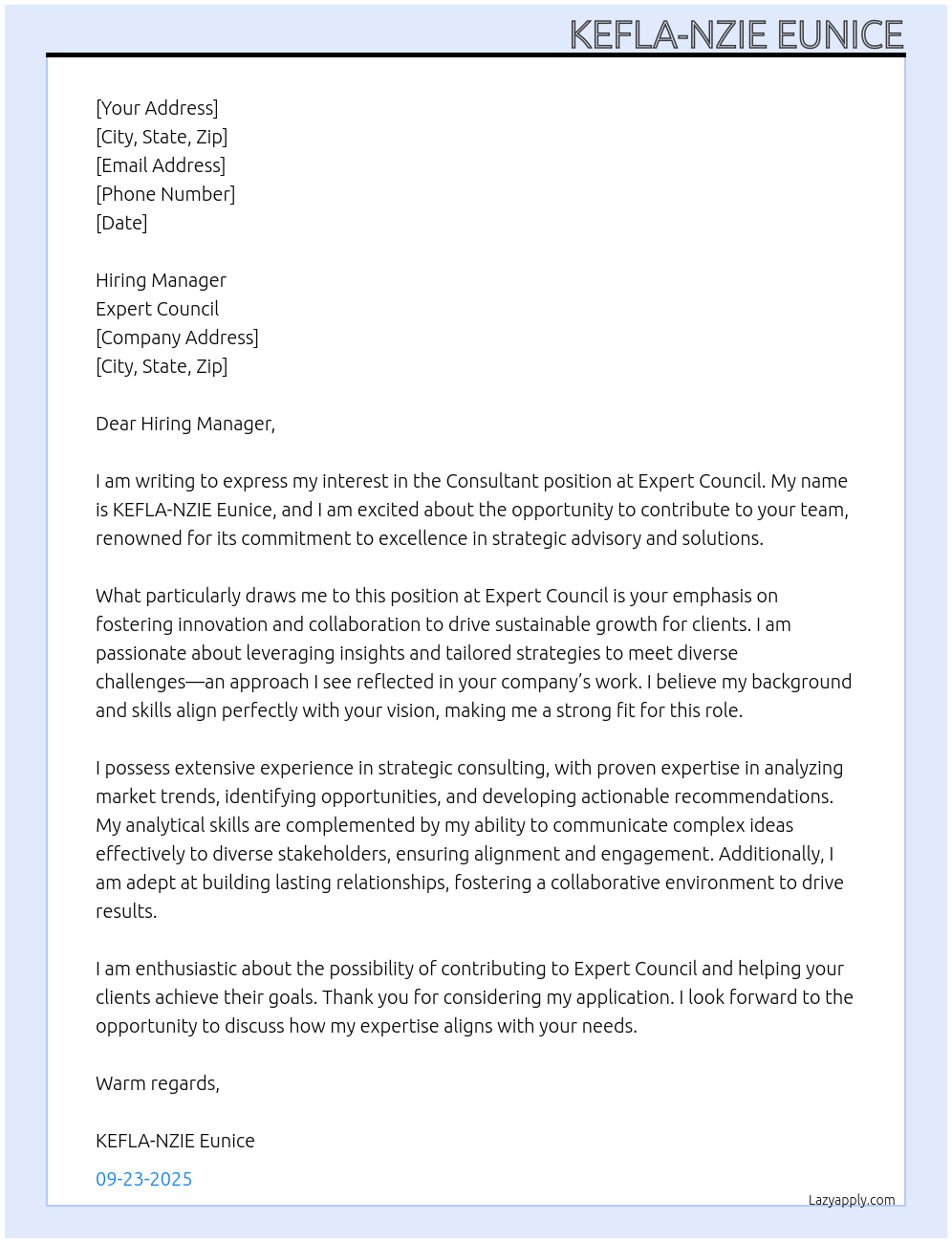 Consultant At Expert council Cover Letter