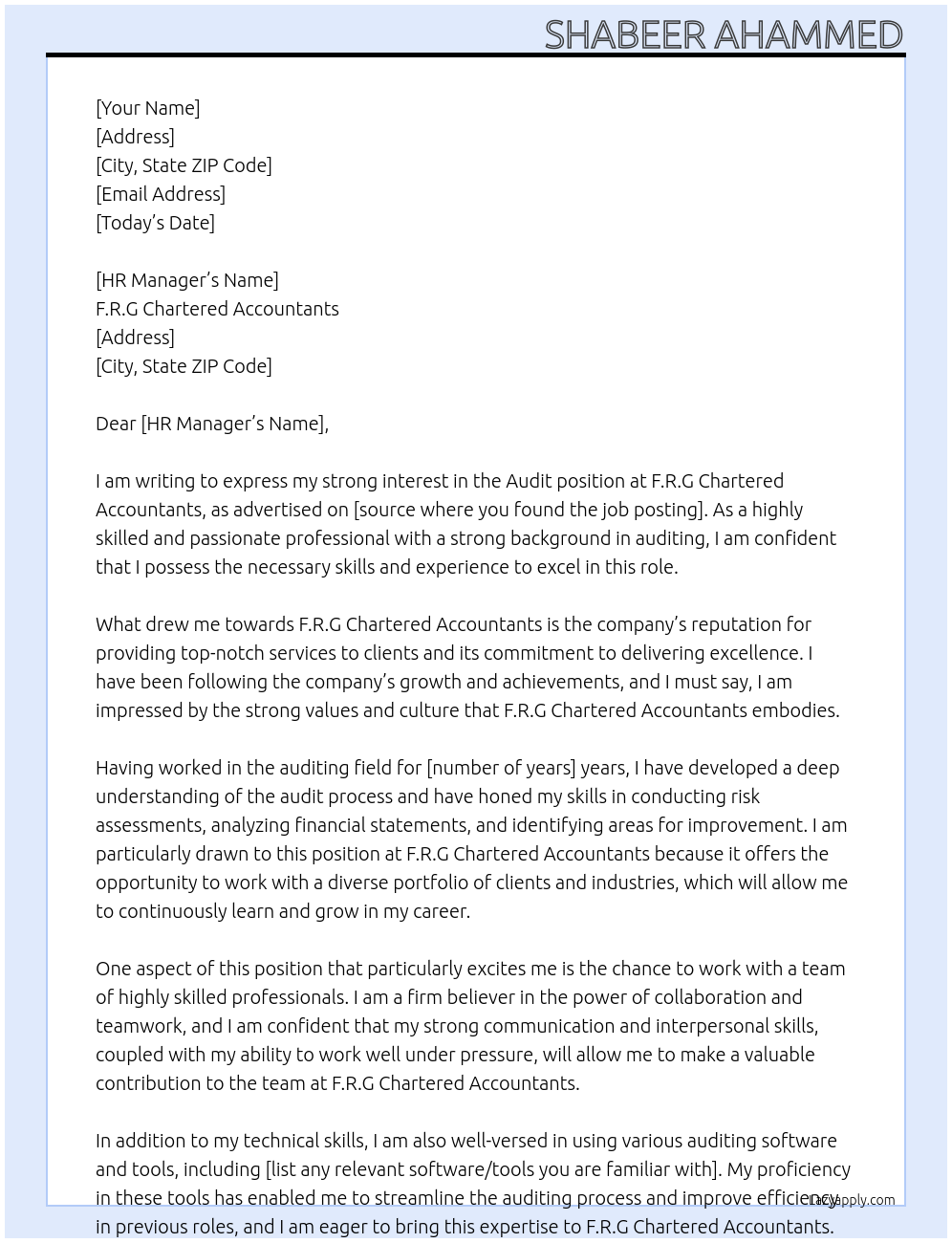 Audit At F.R.G Chartered Accountants Cover Letter