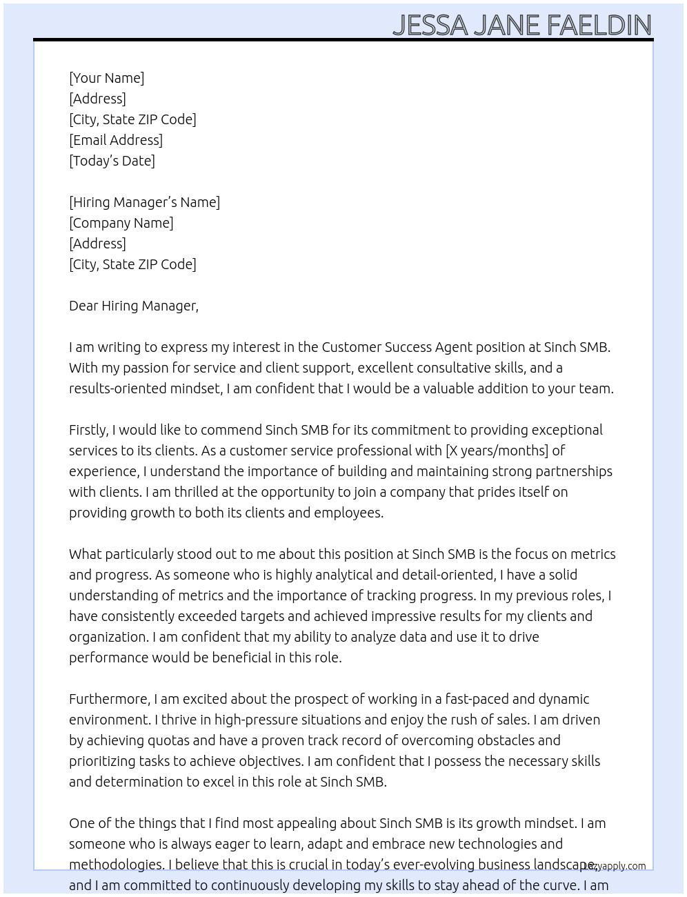 Customer Success Agent At Sinch SMB Cover Letter