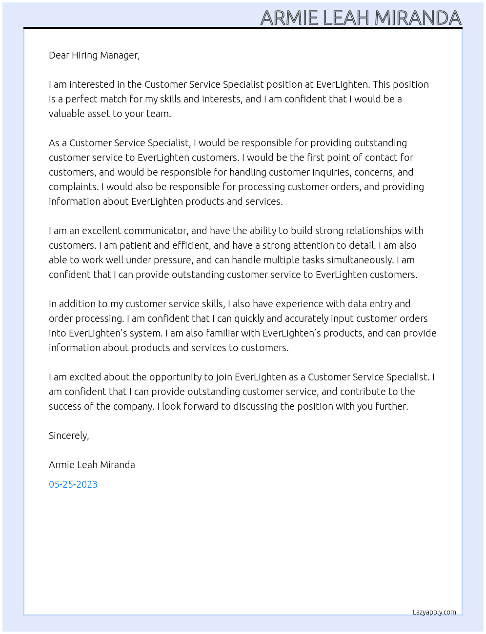 Customer Service Specialist At EverLighten - Manila Cover Letter