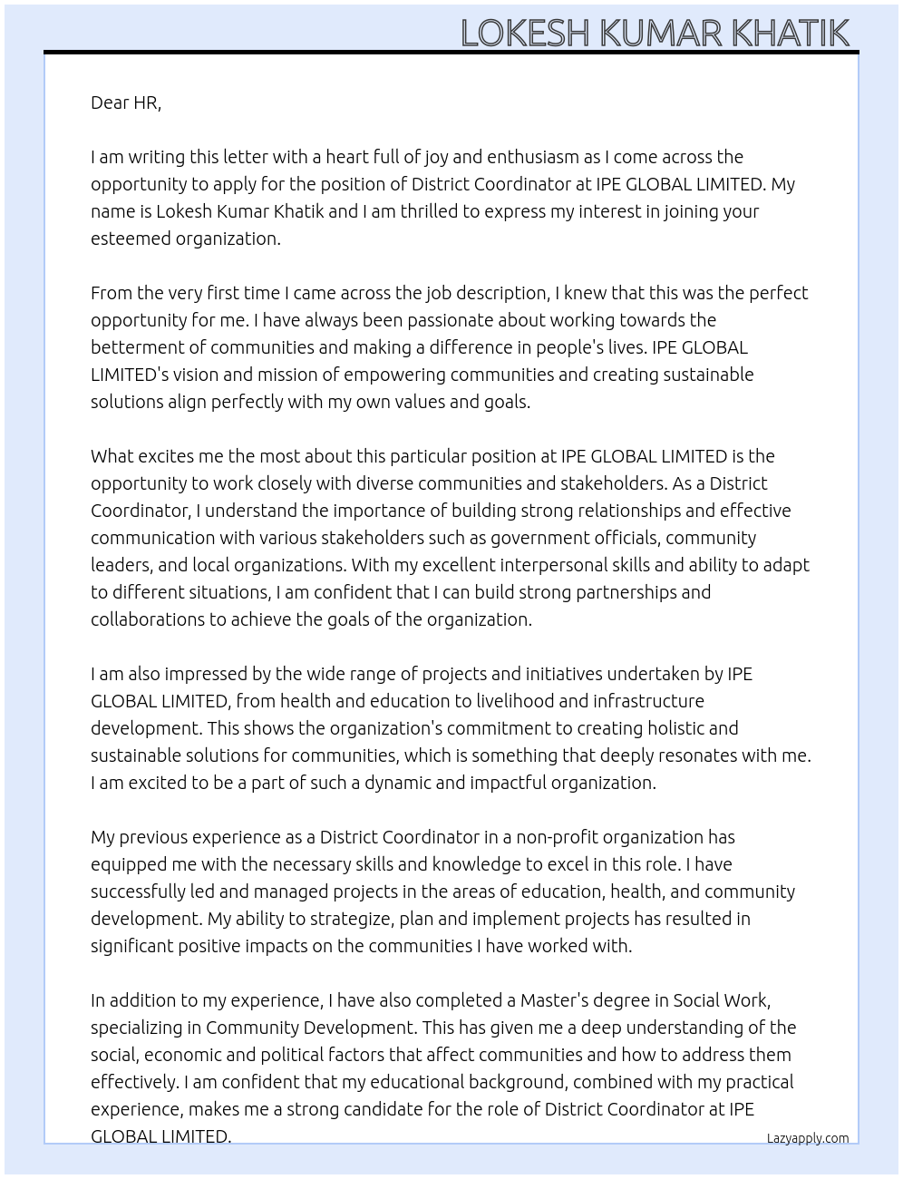 District Coordinator At IPE GLOBAL LIMITED Cover Letter