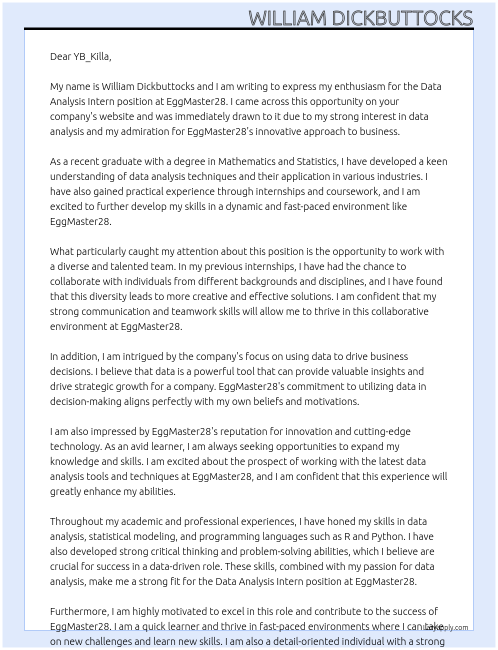 Data Analysis Intern At EggMaster28 Cover Letter