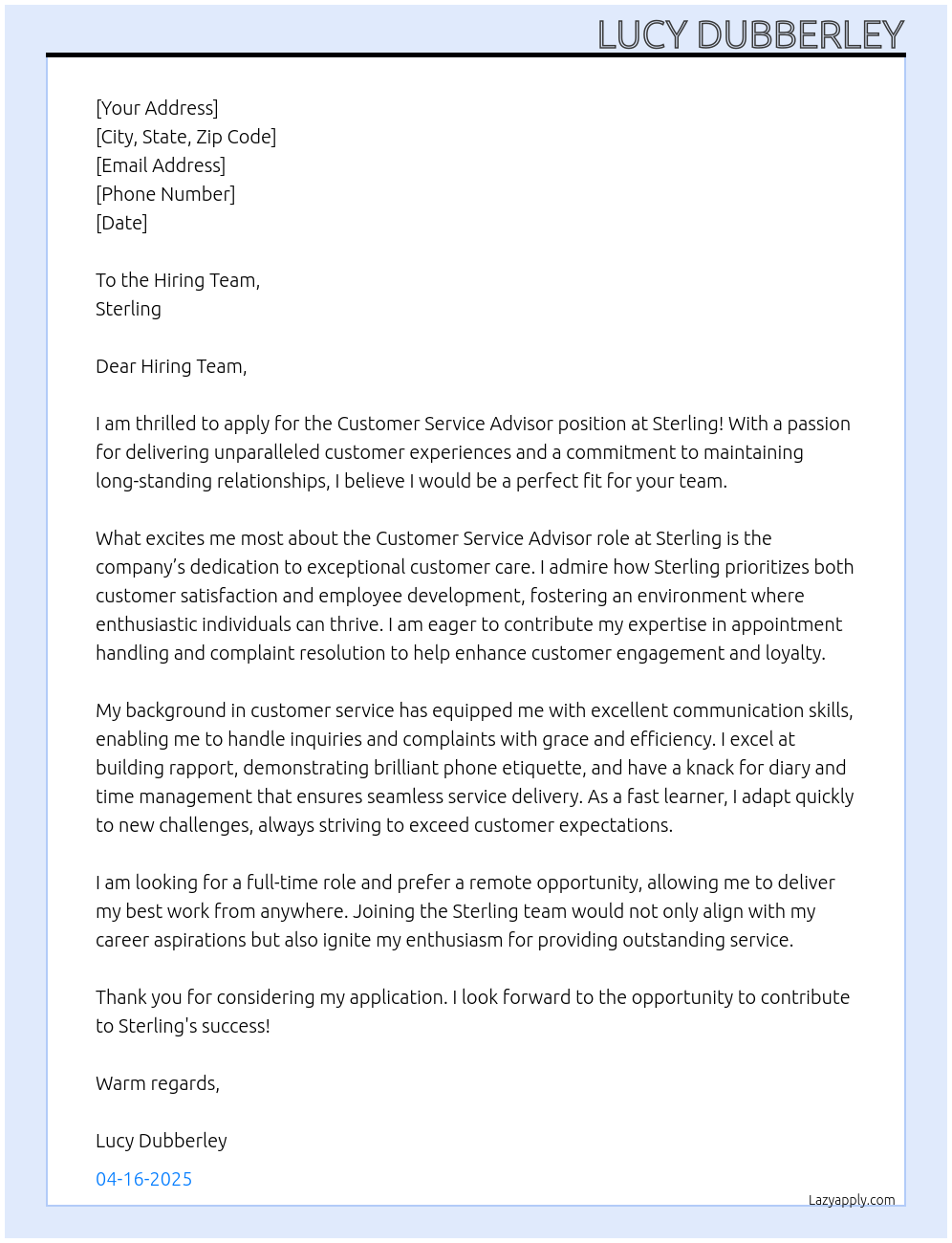 Customer service advisor At Sterling Cover Letter