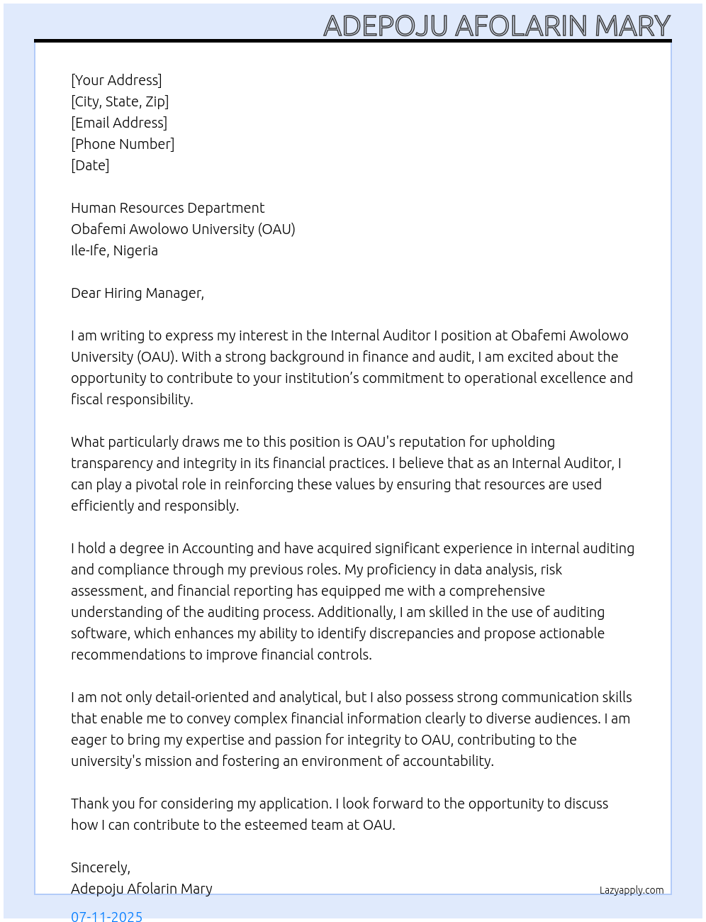 Cover letter for internal auditor i - LazyApply