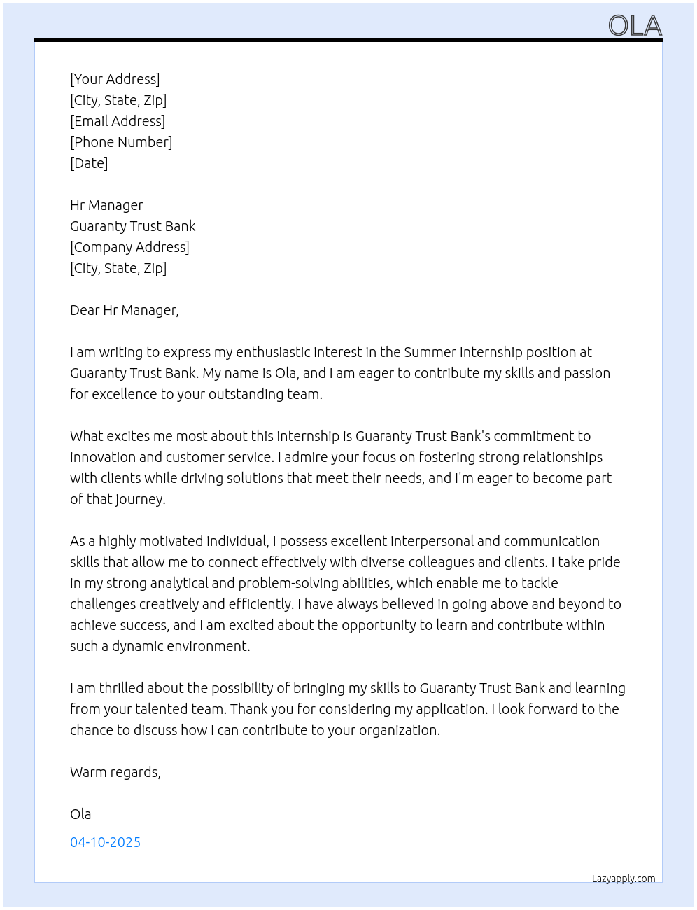 Intern At Guaranty Trust Bank Cover Letter