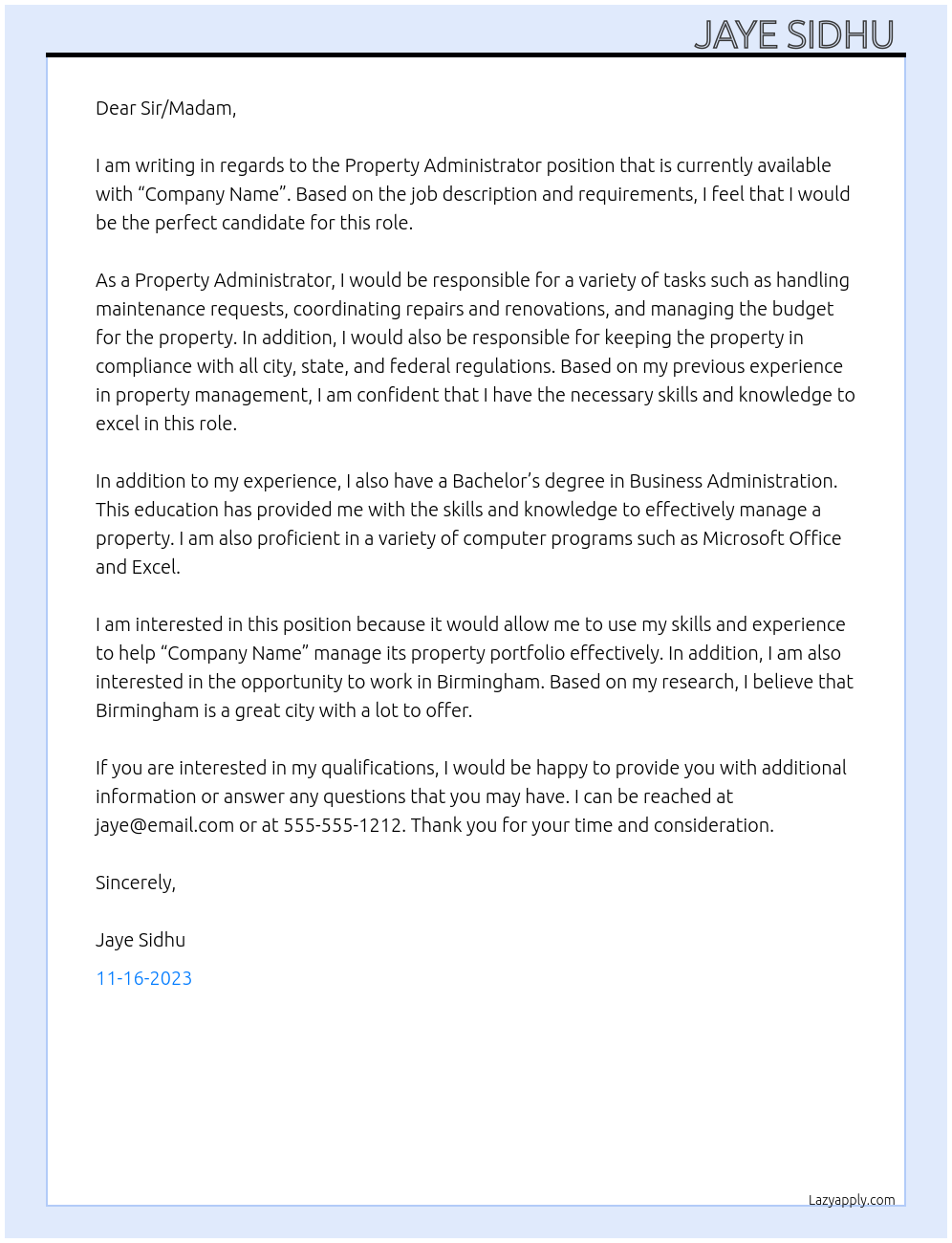 Property Administrator At “Company name” Cover Letter