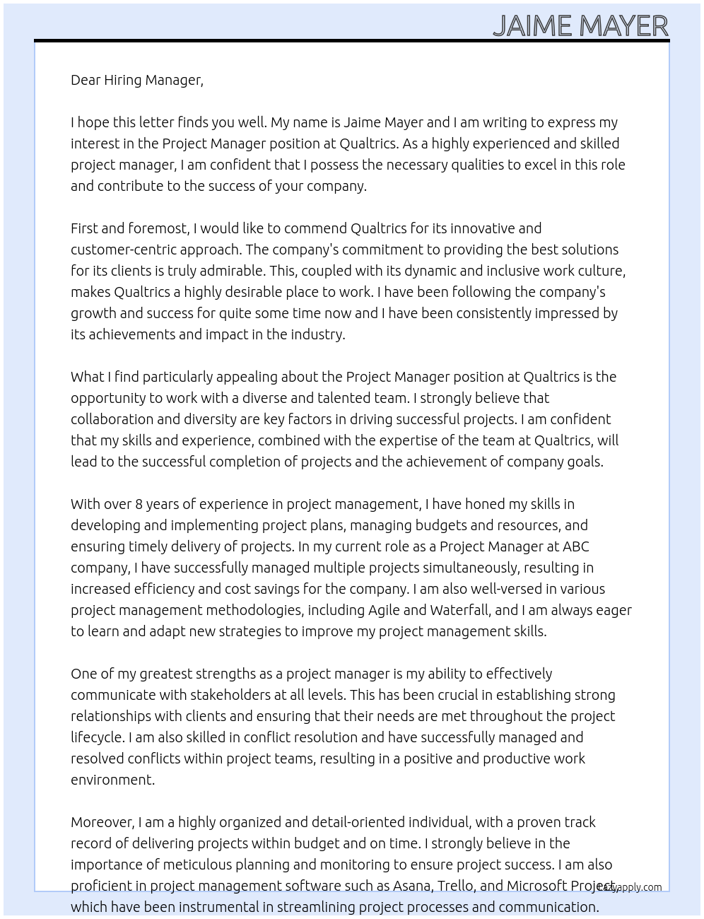 Project Manager At Qualtrics Cover Letter