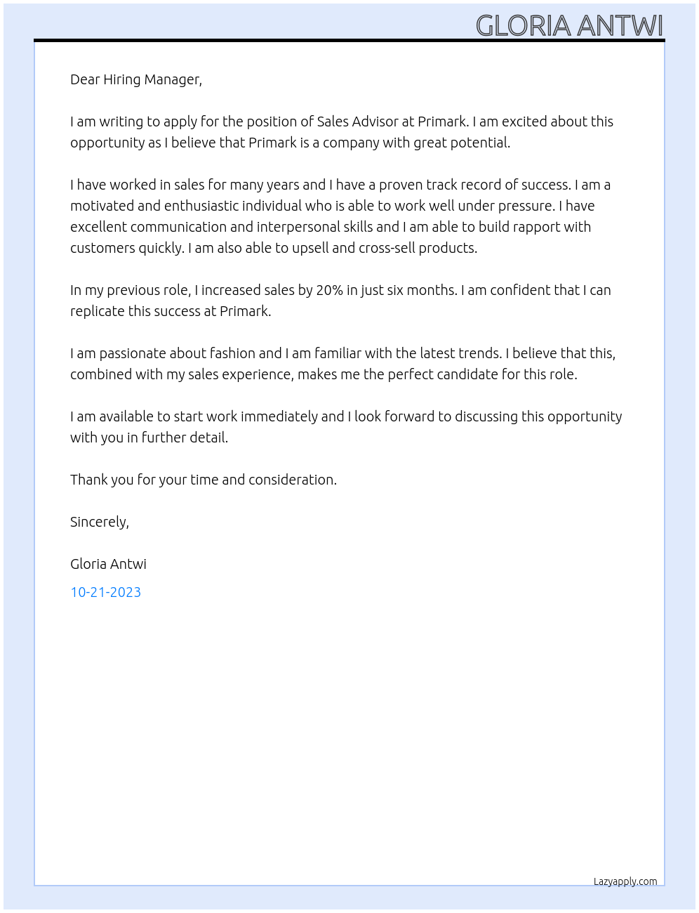 sales advisor At primark Cover Letter