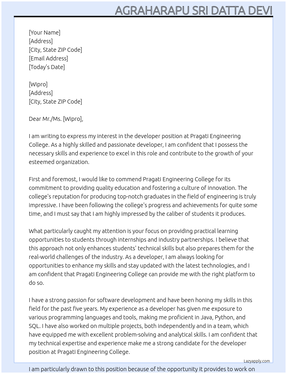developer At pragati engineering college Cover Letter