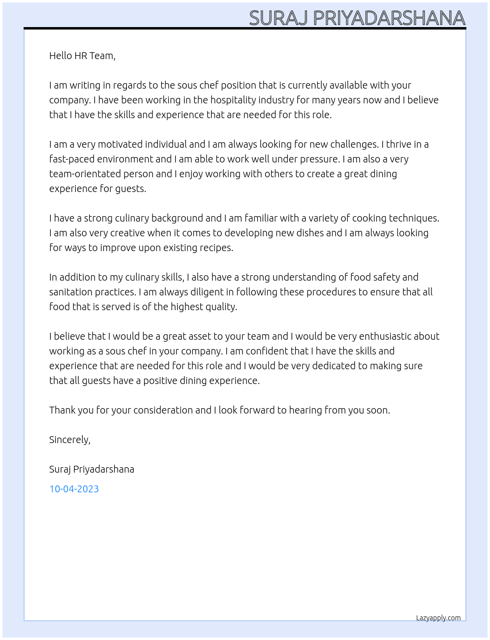 sous chef At hospitality Cover Letter