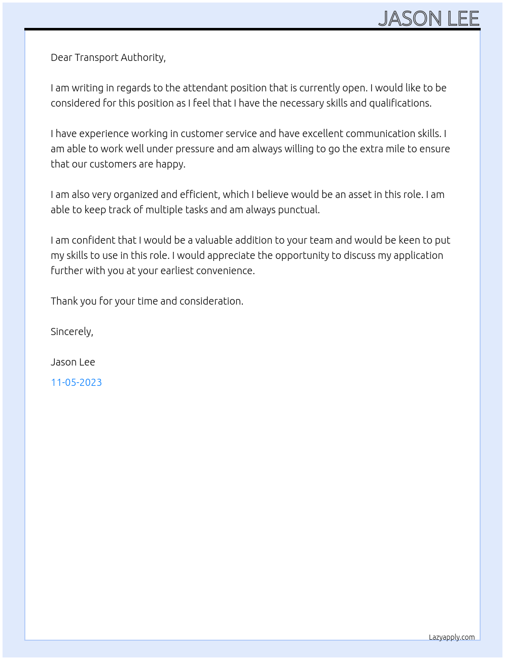 Attendant At Transport Authority Cover Letter