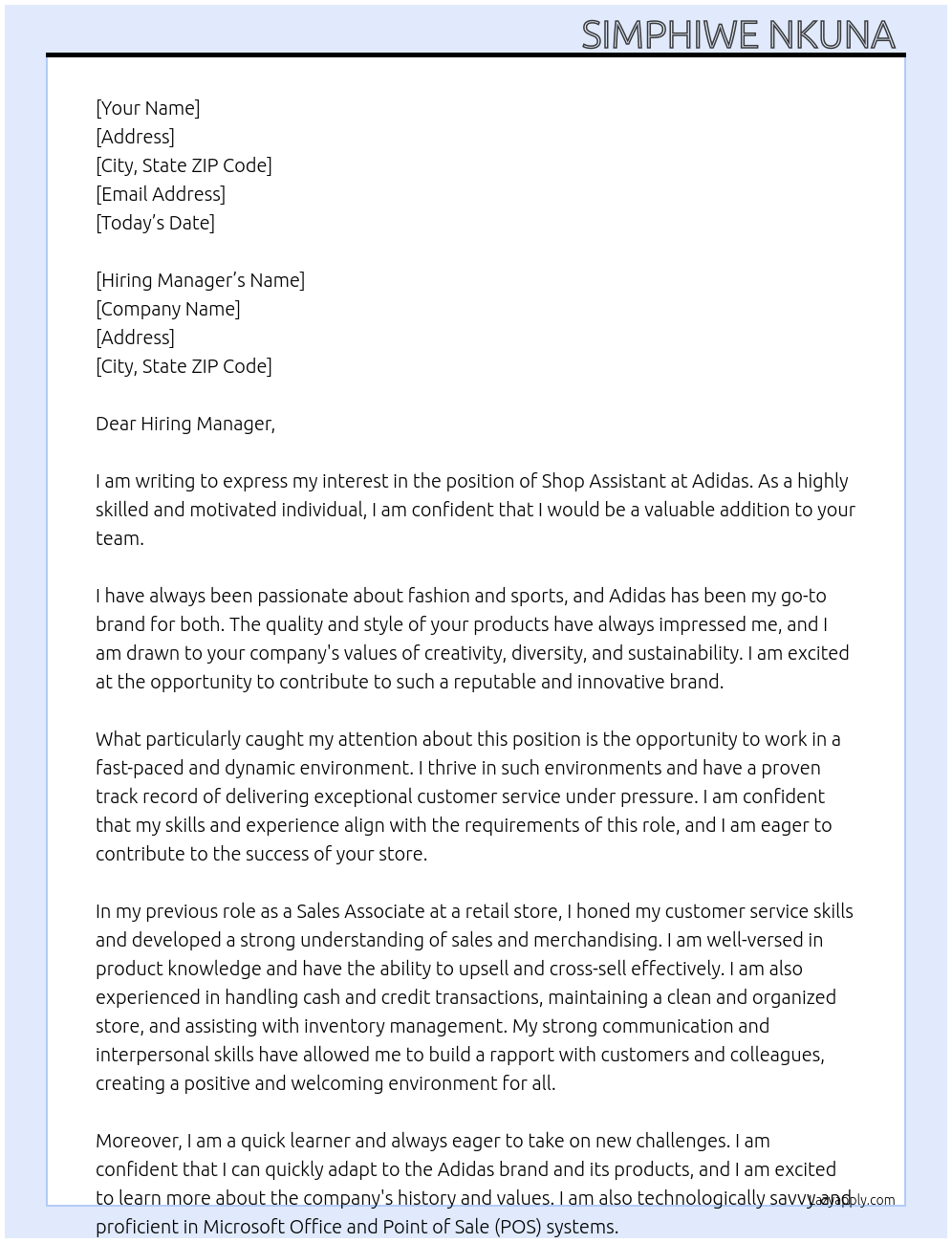 Shop Assistant At Adidas Cover Letter