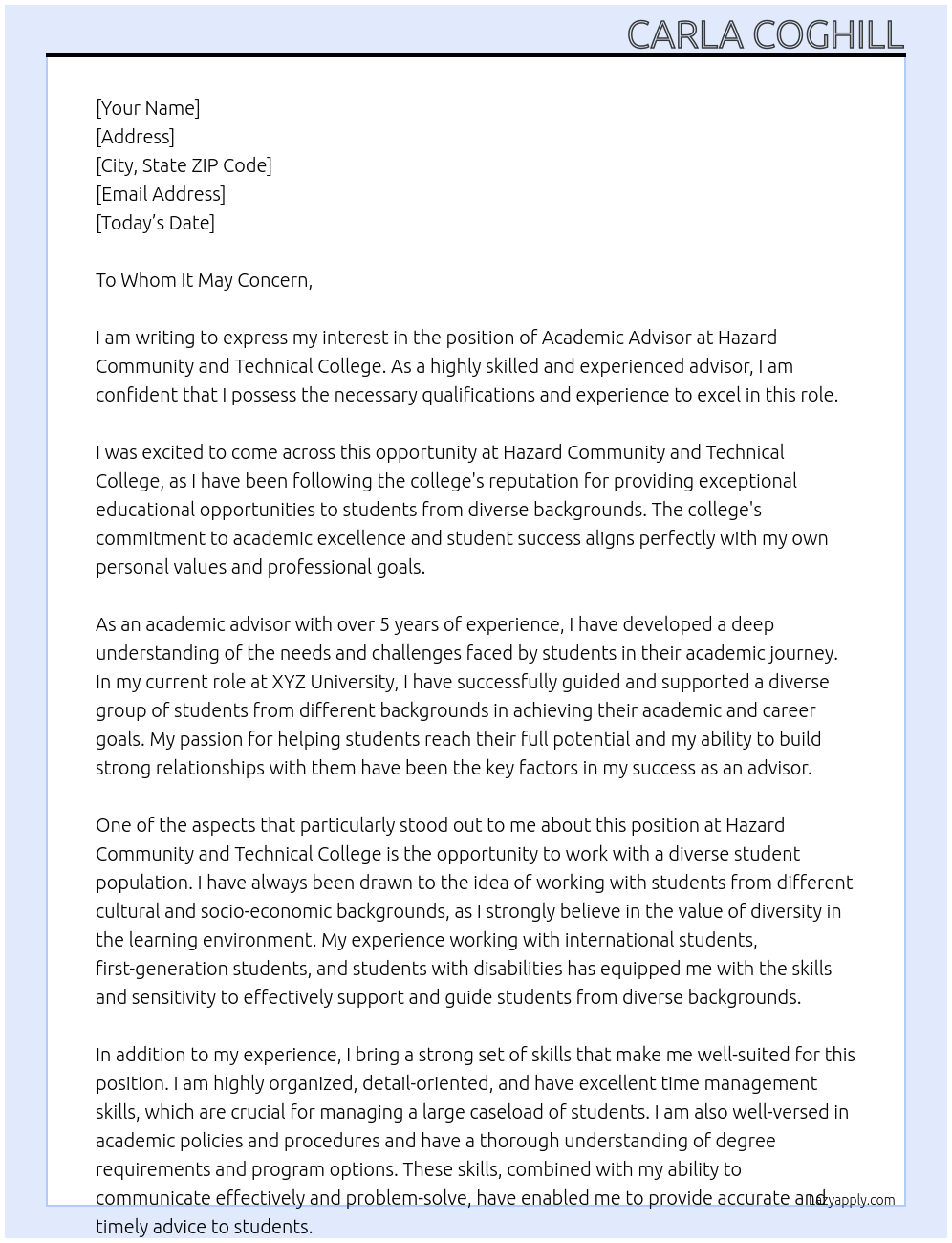 academic advisor At Hazard Community and Technical College Cover Letter