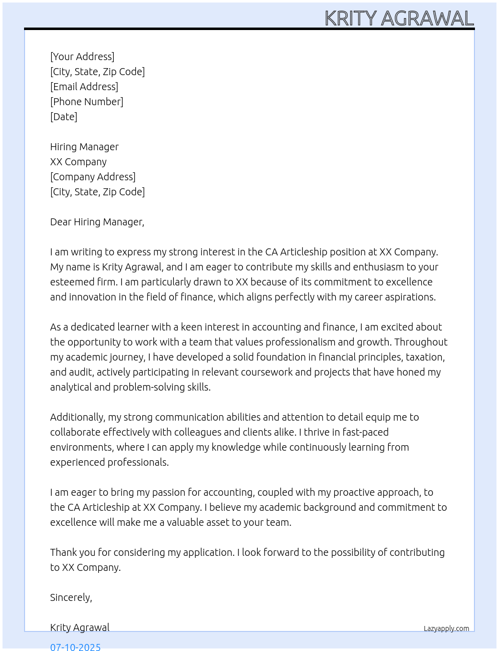 ca articleship At xx Cover Letter