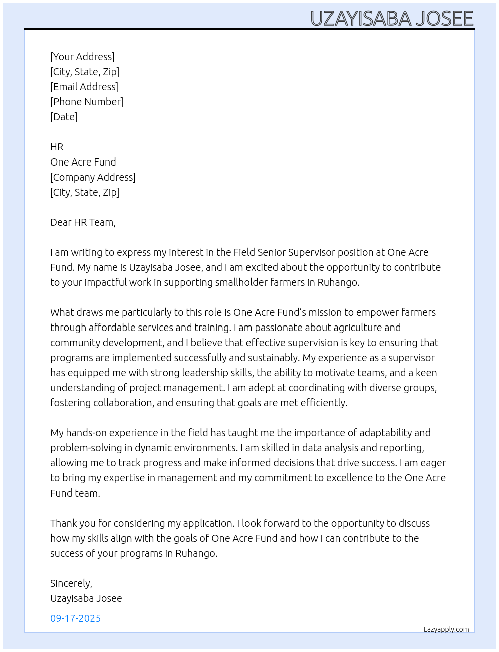 field senior supervisor At One Acre Fund Cover Letter