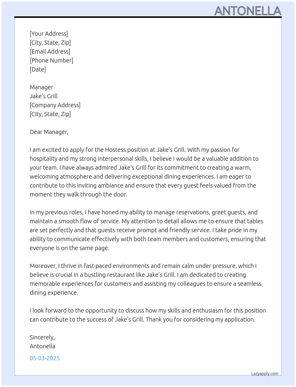 hostess At jakesgril Cover Letter