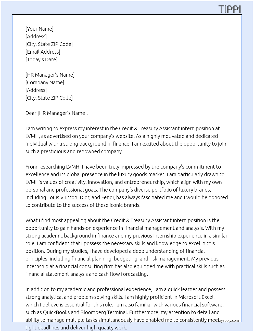 Credit & Treasury Assistant intern At LVMH Cover Letter