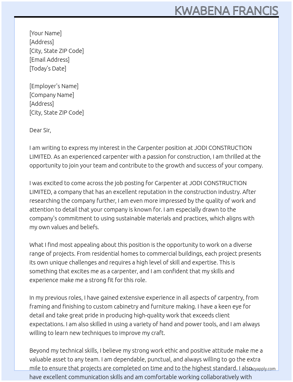 Carpenter  At JODI CONSTRUCTION LIMITED  Cover Letter