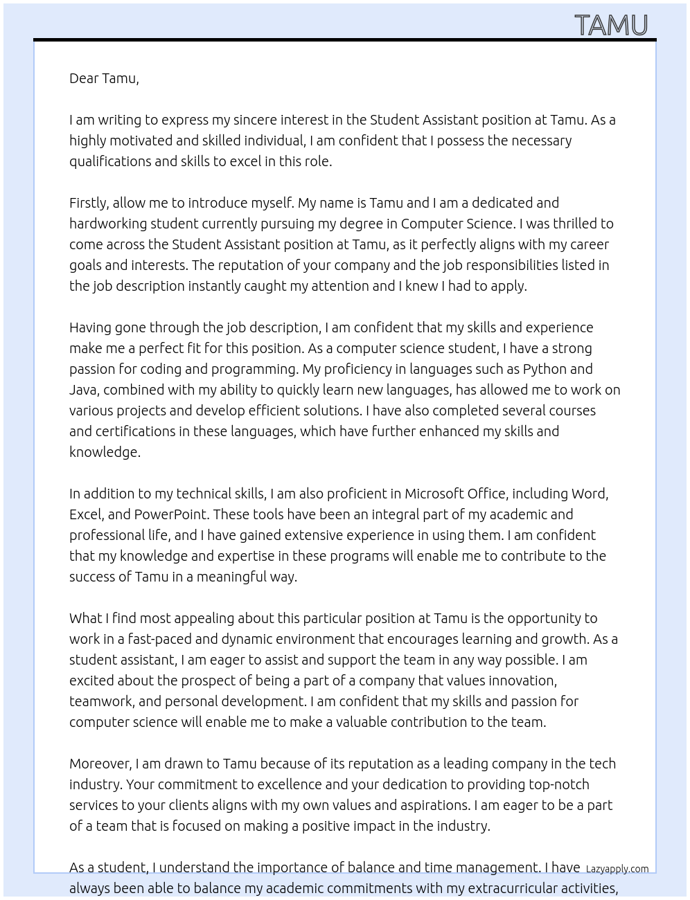  Student Assistant At tamu Cover Letter