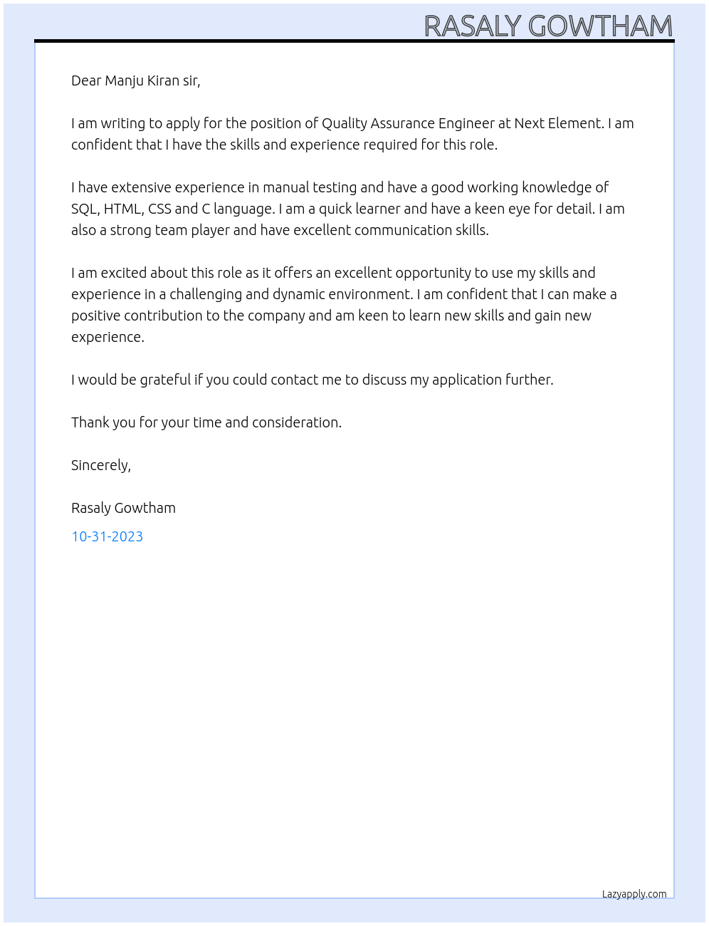 Quality Assurance Engineer At Next Element Cover Letter