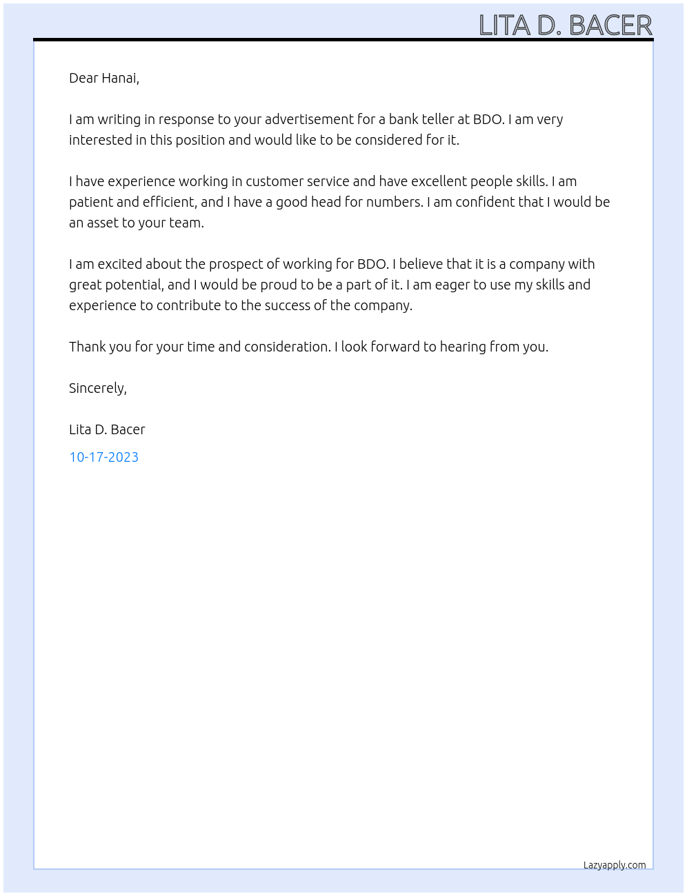 Bank teller At BDO Cover Letter