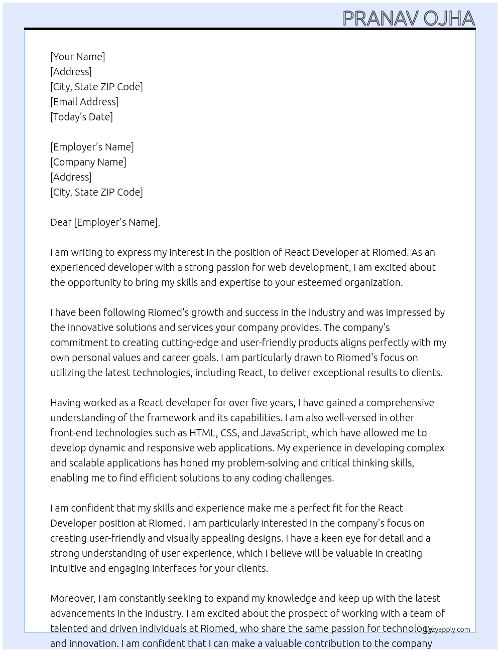 React developer At Riomed Cover Letter