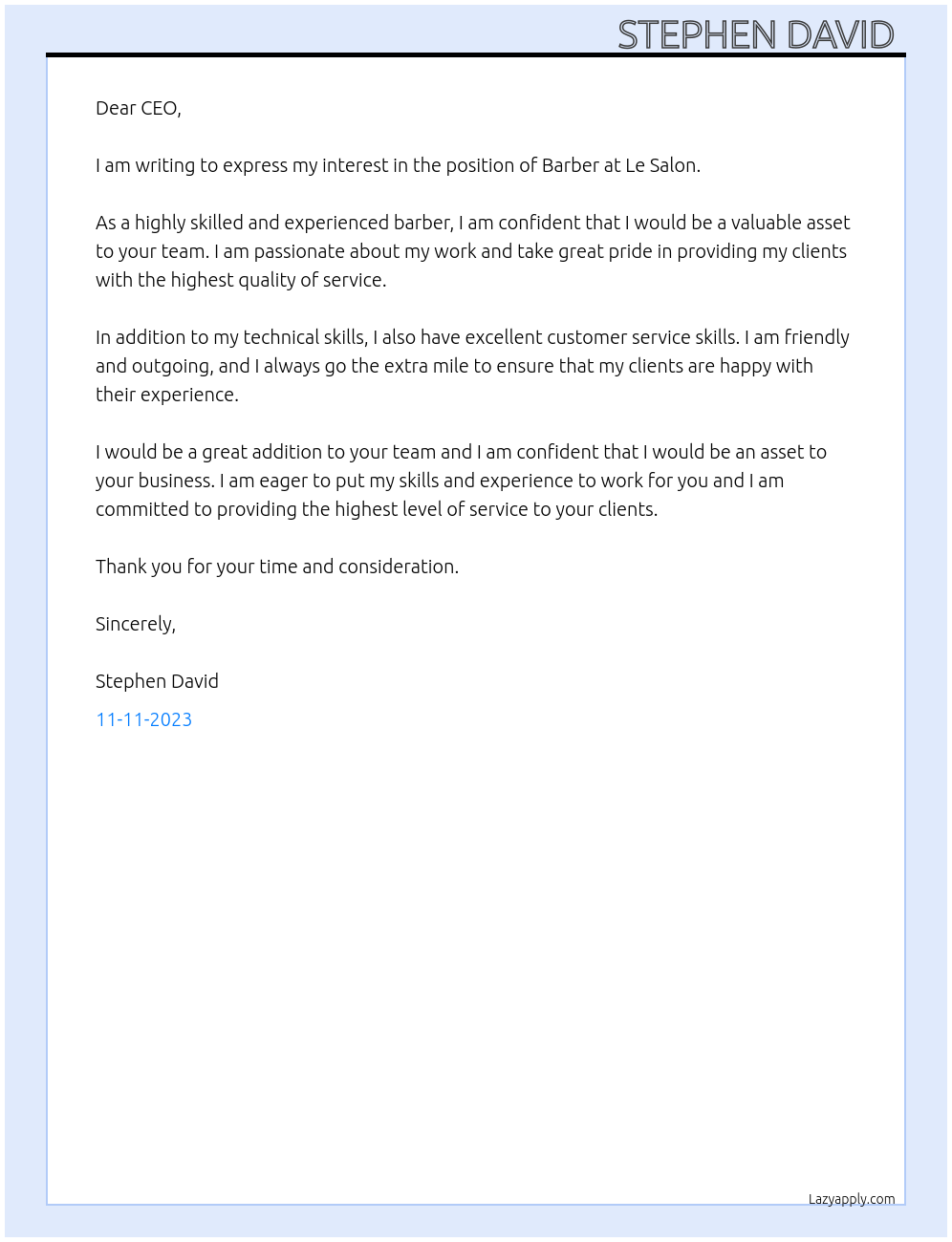 Barber At Le Salon Cover Letter