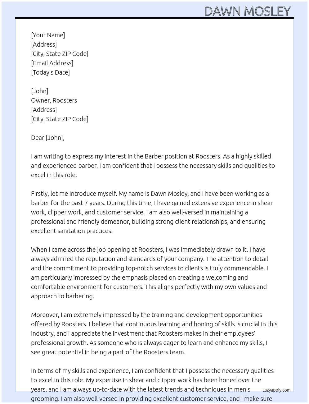 Barber  At Roosters Cover Letter