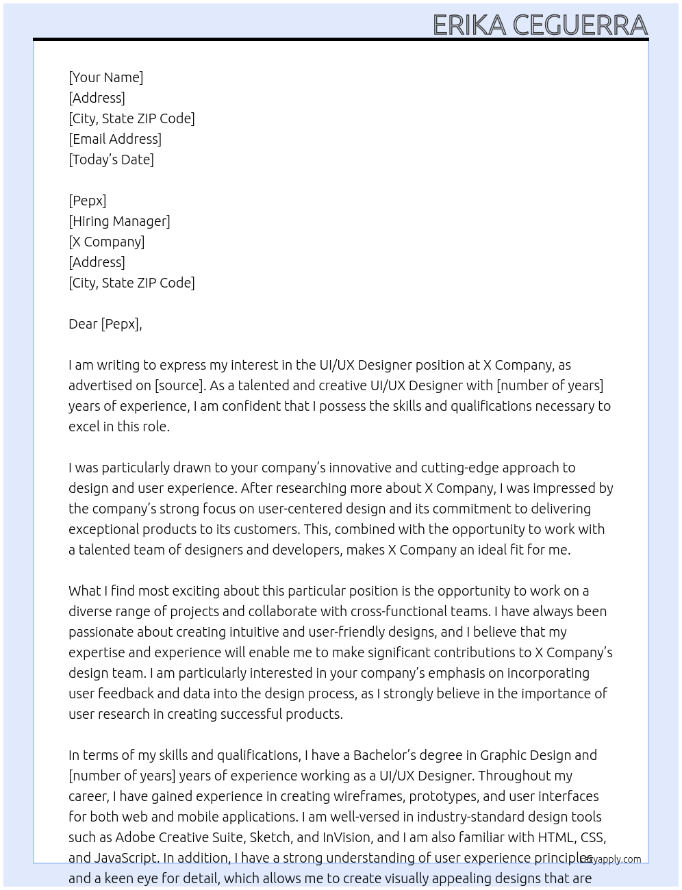 UI/UX Designer At X Company Cover Letter
