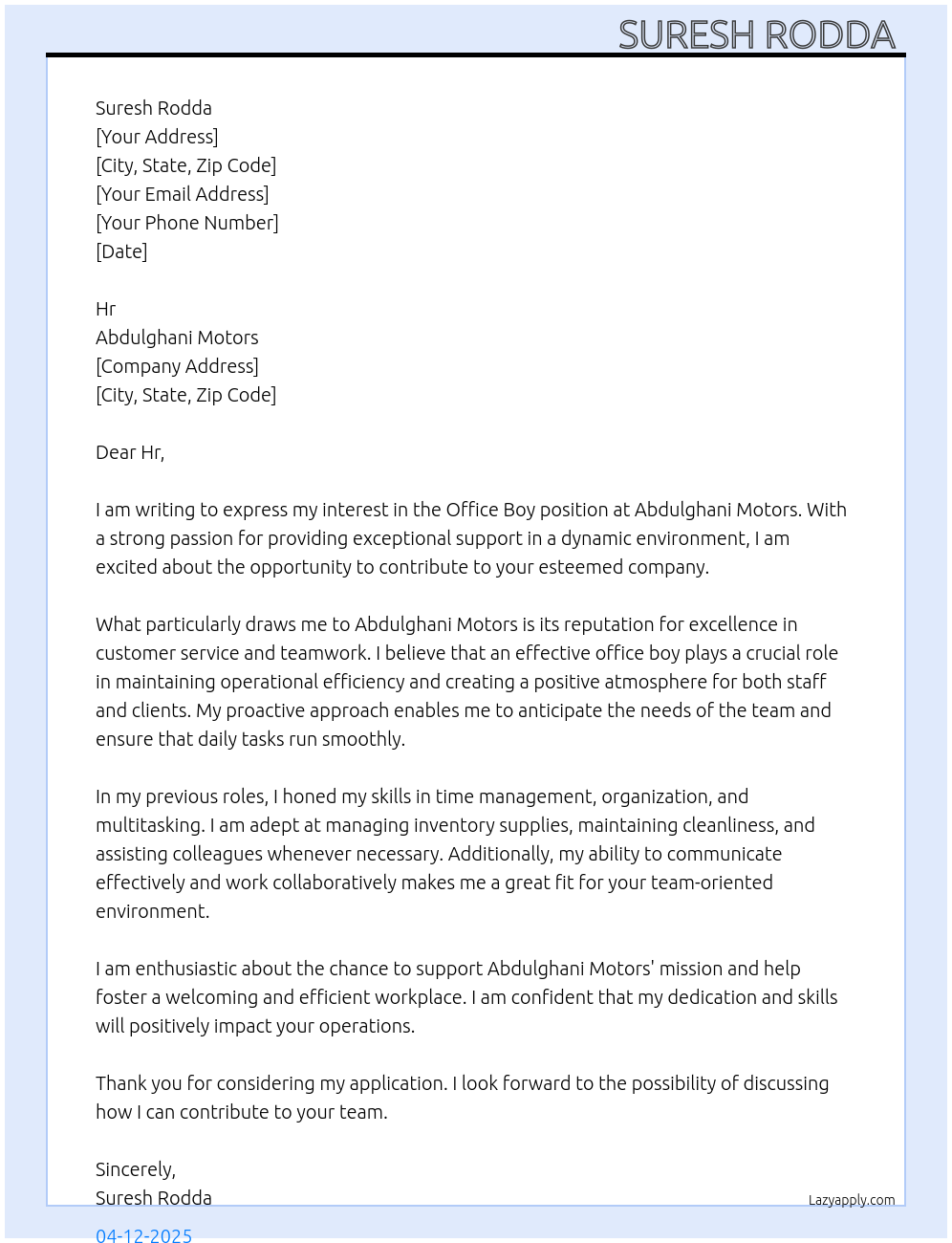 Office boy At Abdulghani motors Cover Letter