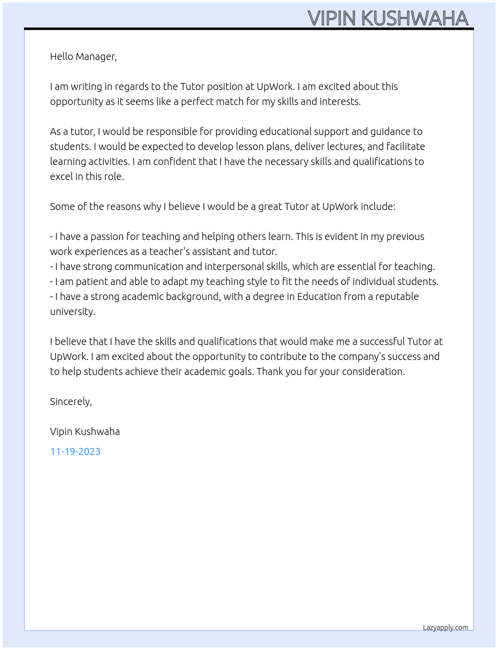 Tutor  At UpWork  Cover Letter