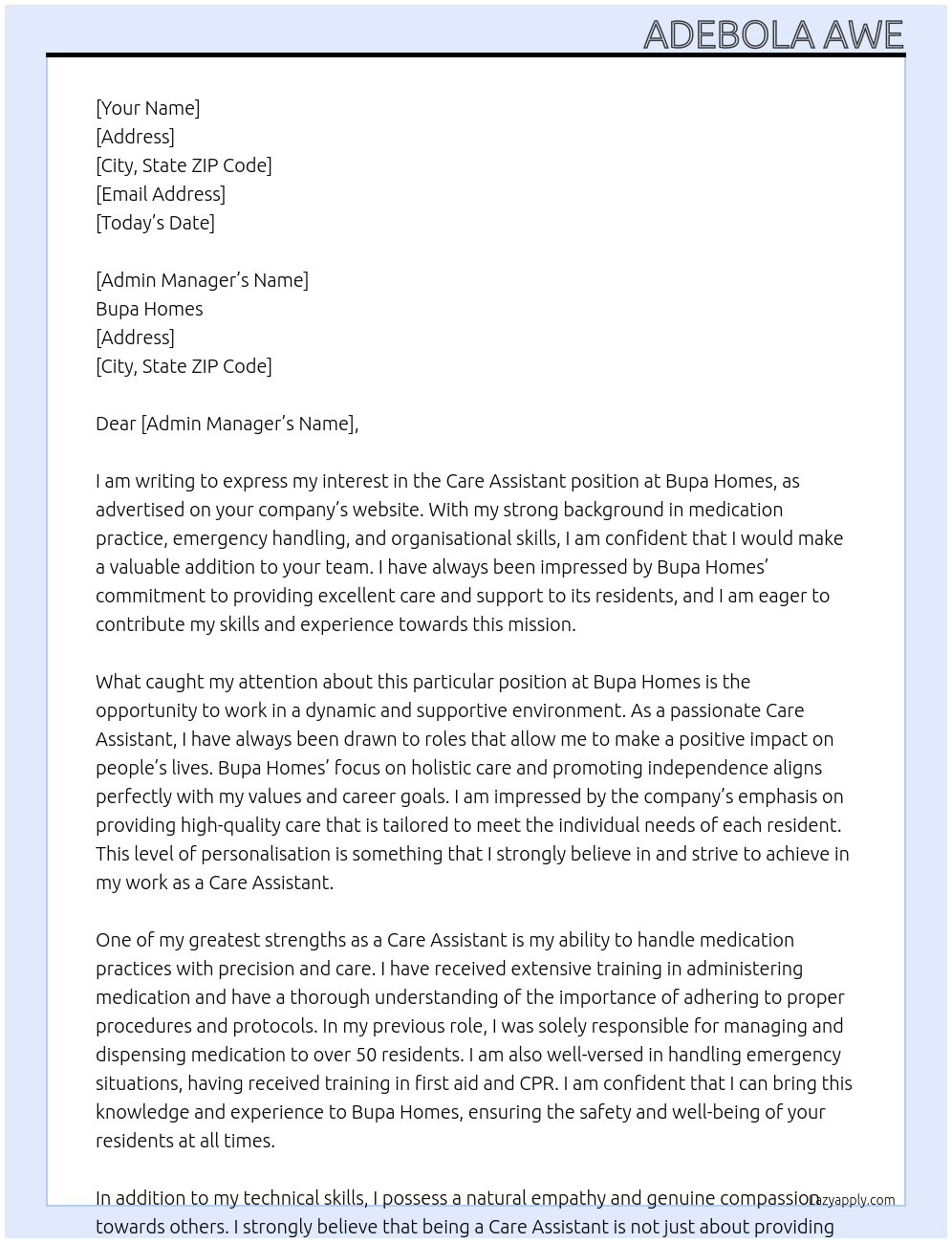 Care Assistant At Bupa Homes Cover Letter