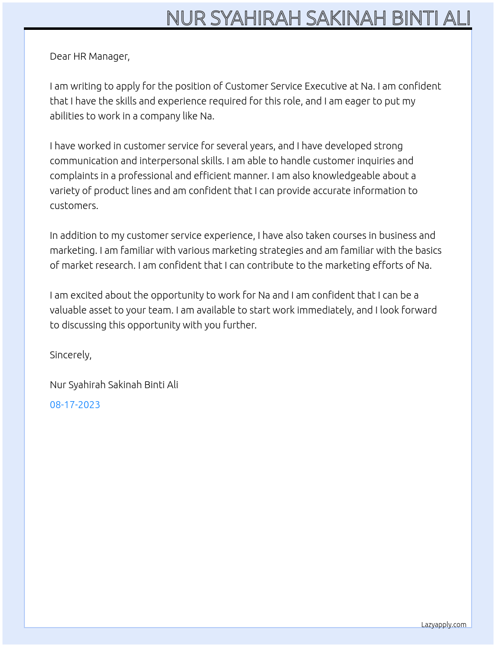 Customer Service Executive At Na Cover Letter