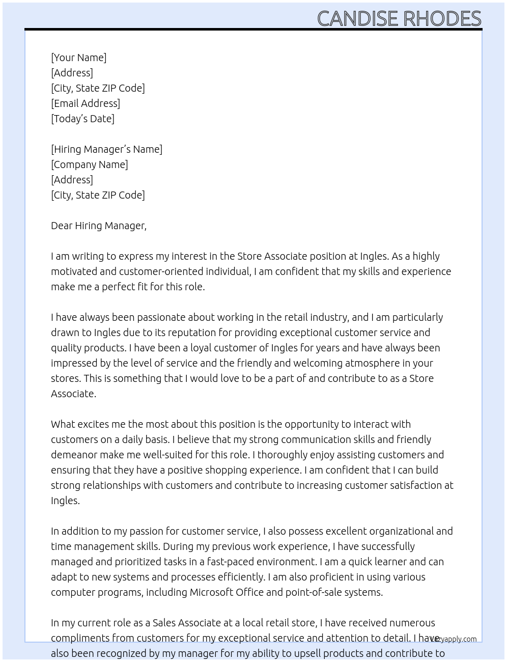 Store associate At Ingles Cover Letter