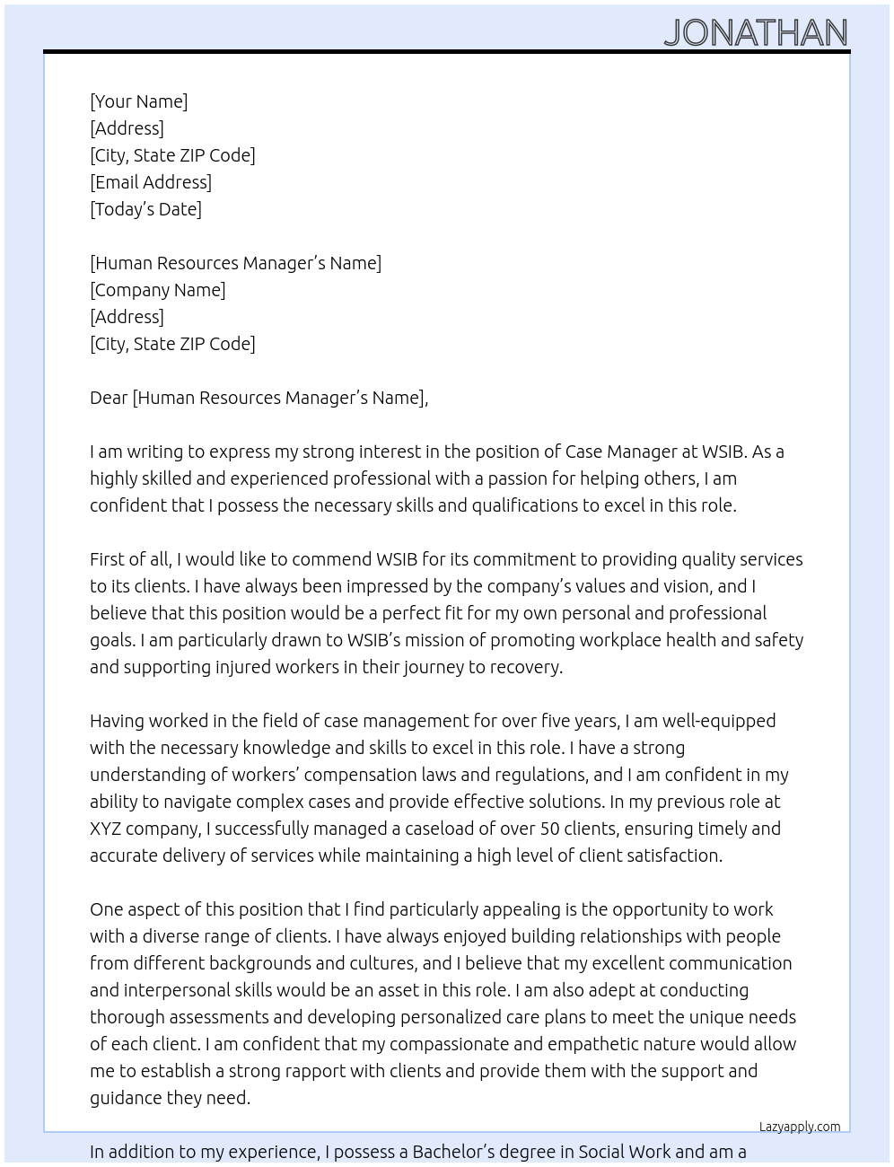 case manager At WSIB Cover Letter