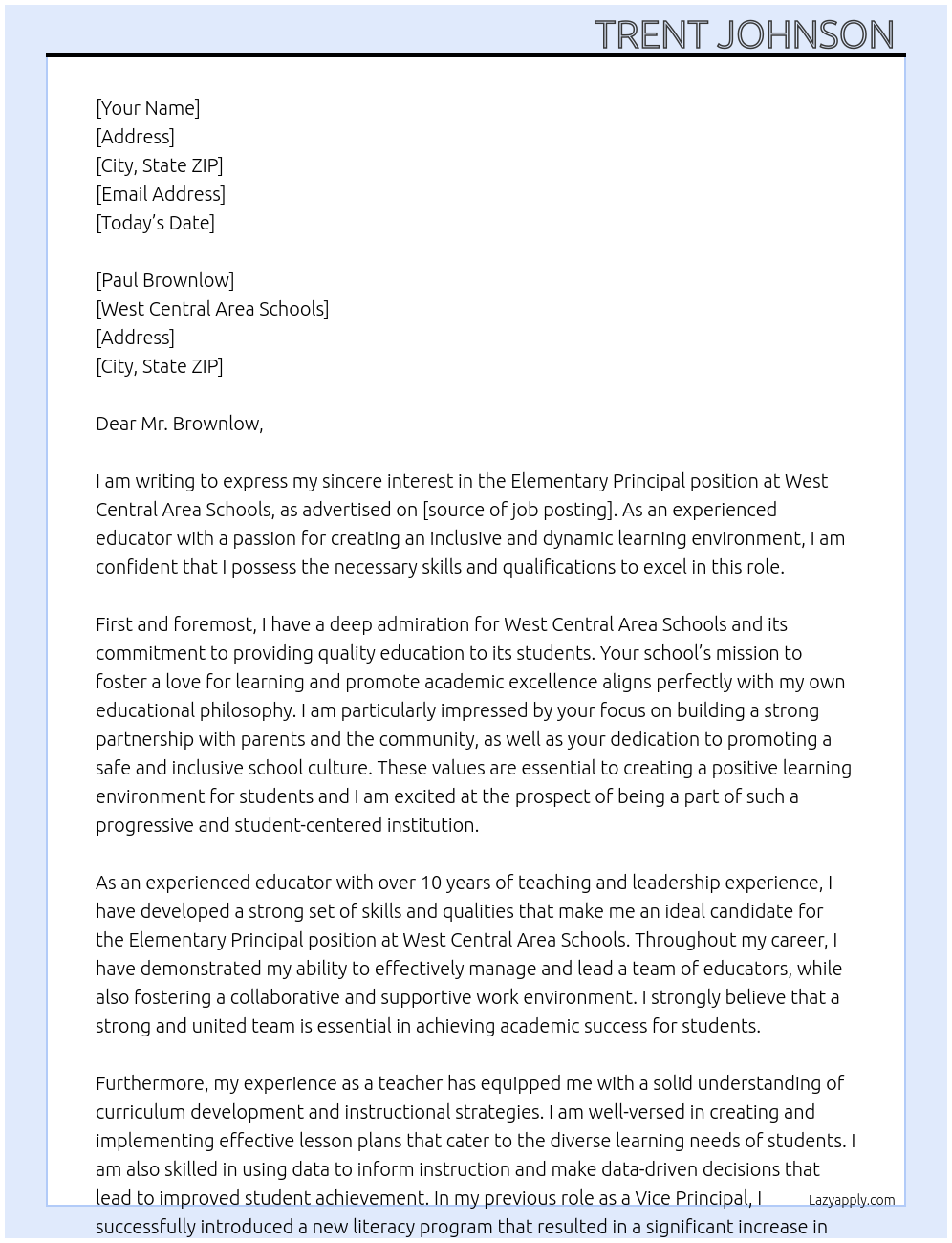 Elementary Principal At West Central Area Schools Cover Letter
