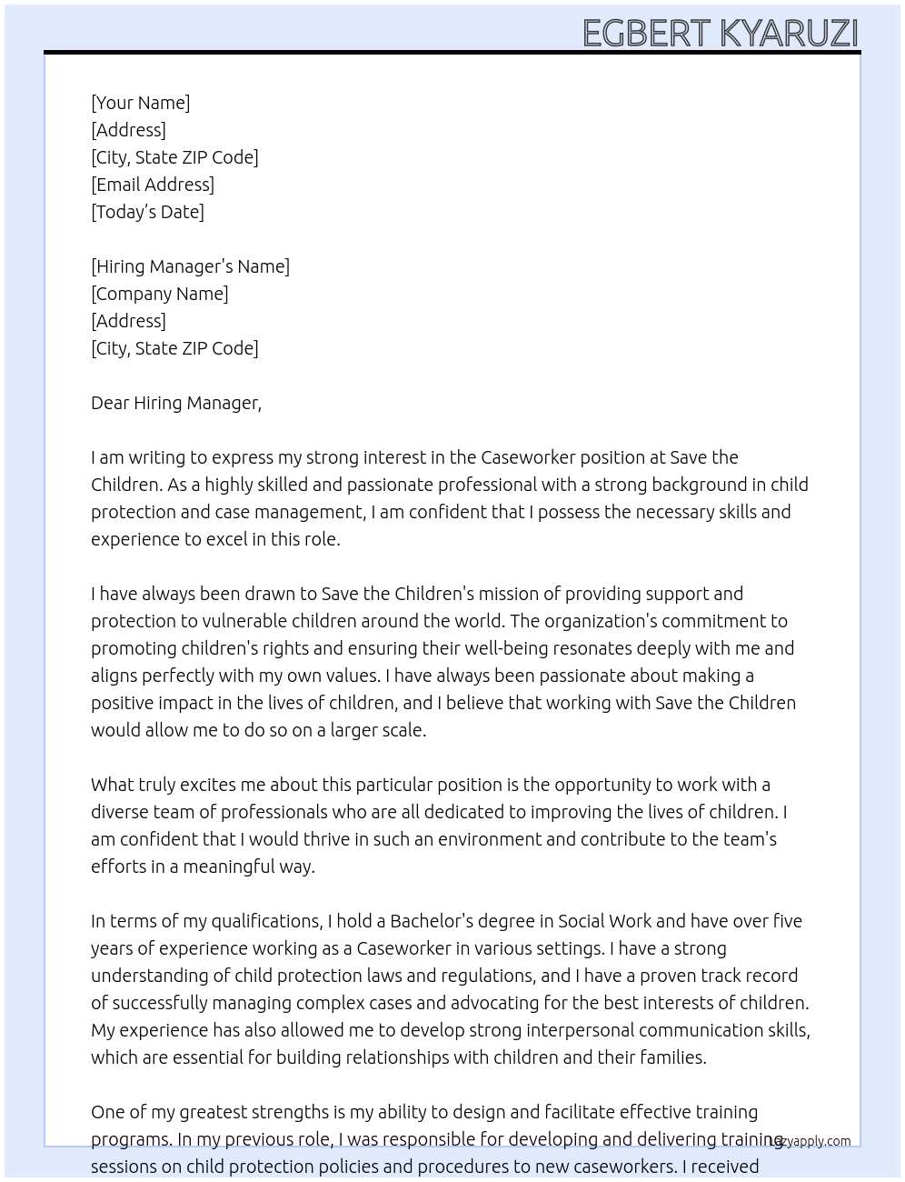 Caseworker  At Save the Children  Cover Letter