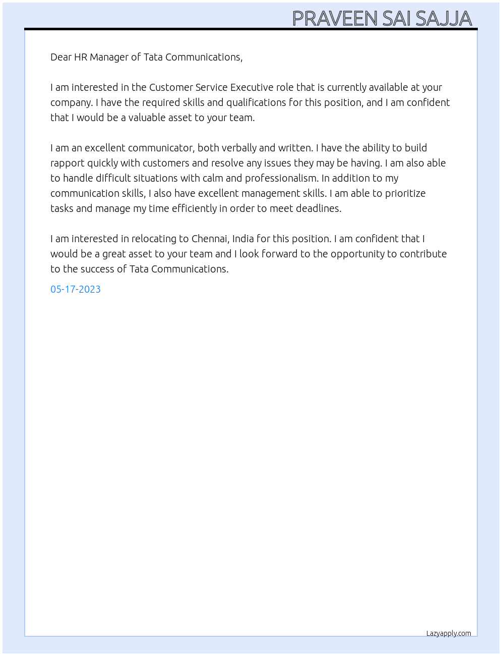 customer service executive At Tata communications Cover Letter