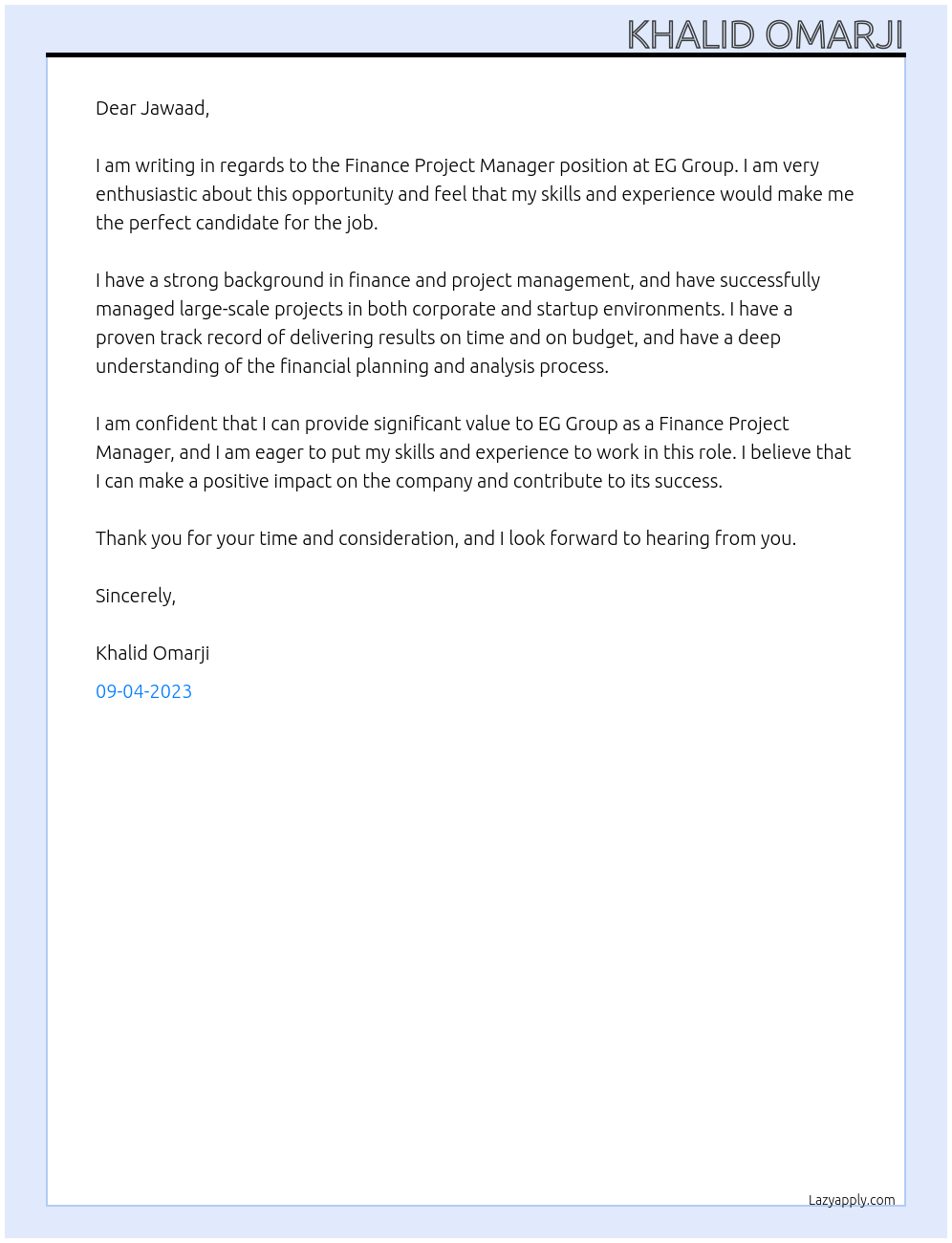 Finance Project Manager At EG Group Cover Letter