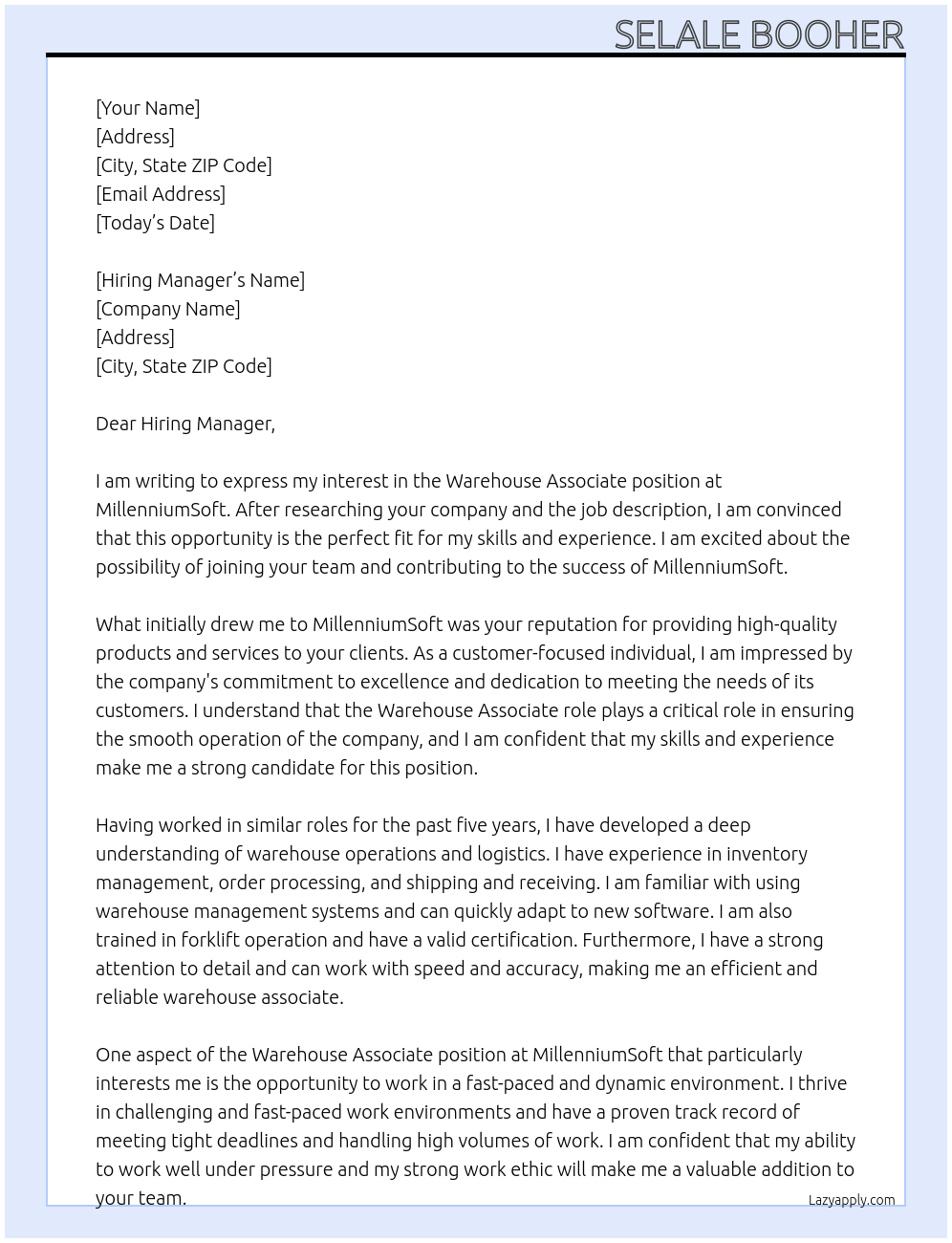 Warehouse Associate At MillenniumSoft Cover Letter