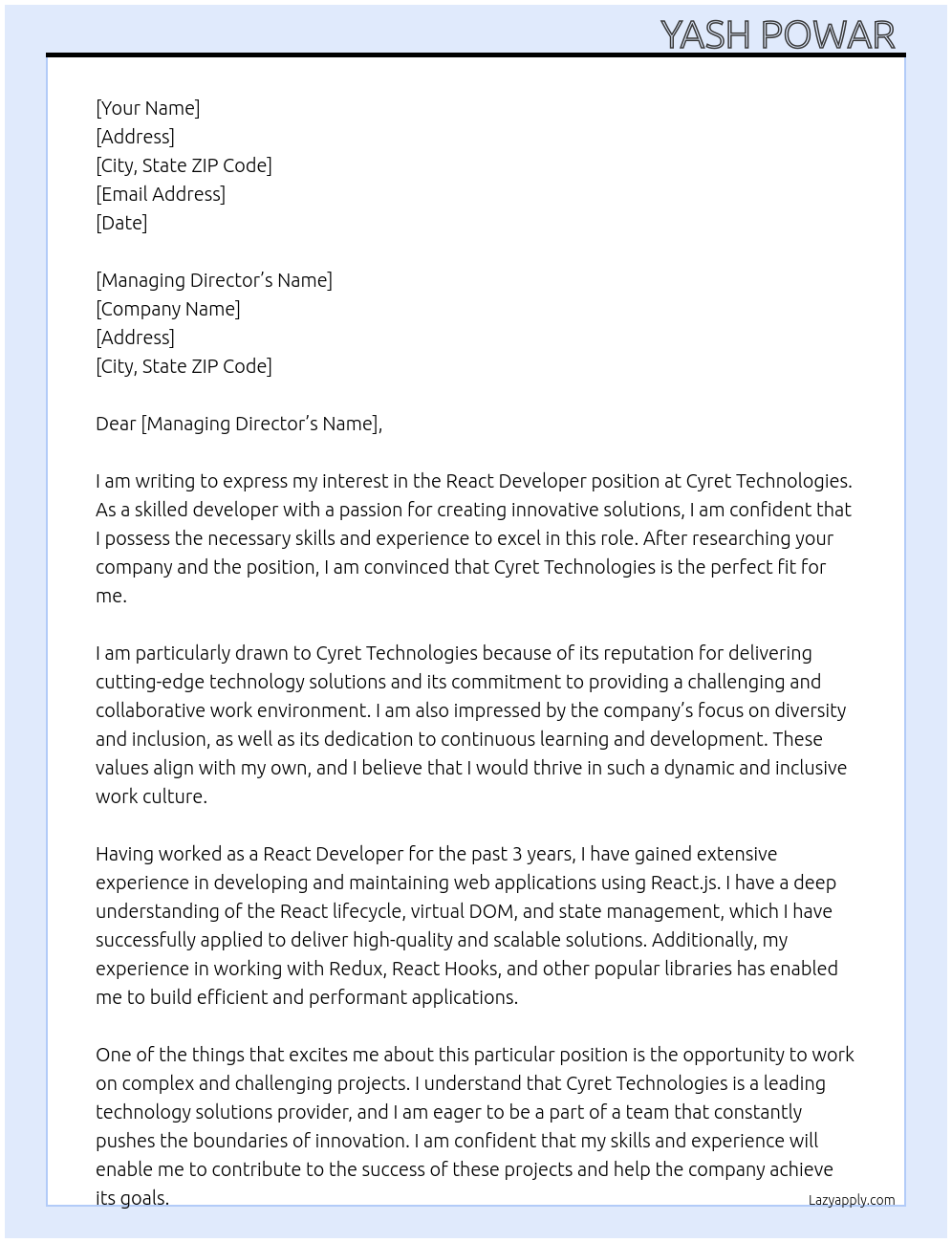 React developer At Cyret Technologies Cover Letter